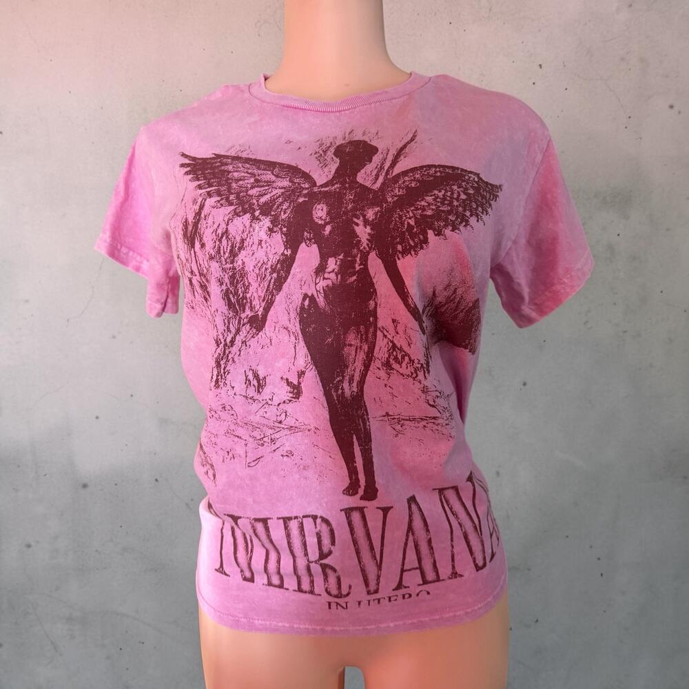 Nirvana In Utero Angel Graphic 90's Band Tee Pink Acid Wash Womens S Bravado